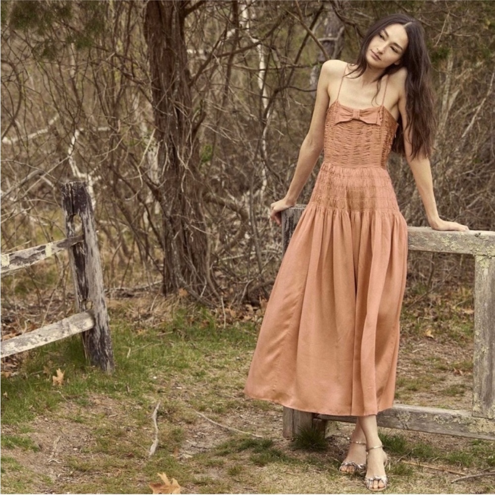 Doen Peach Smocked Midi Dress with Bow Bodice